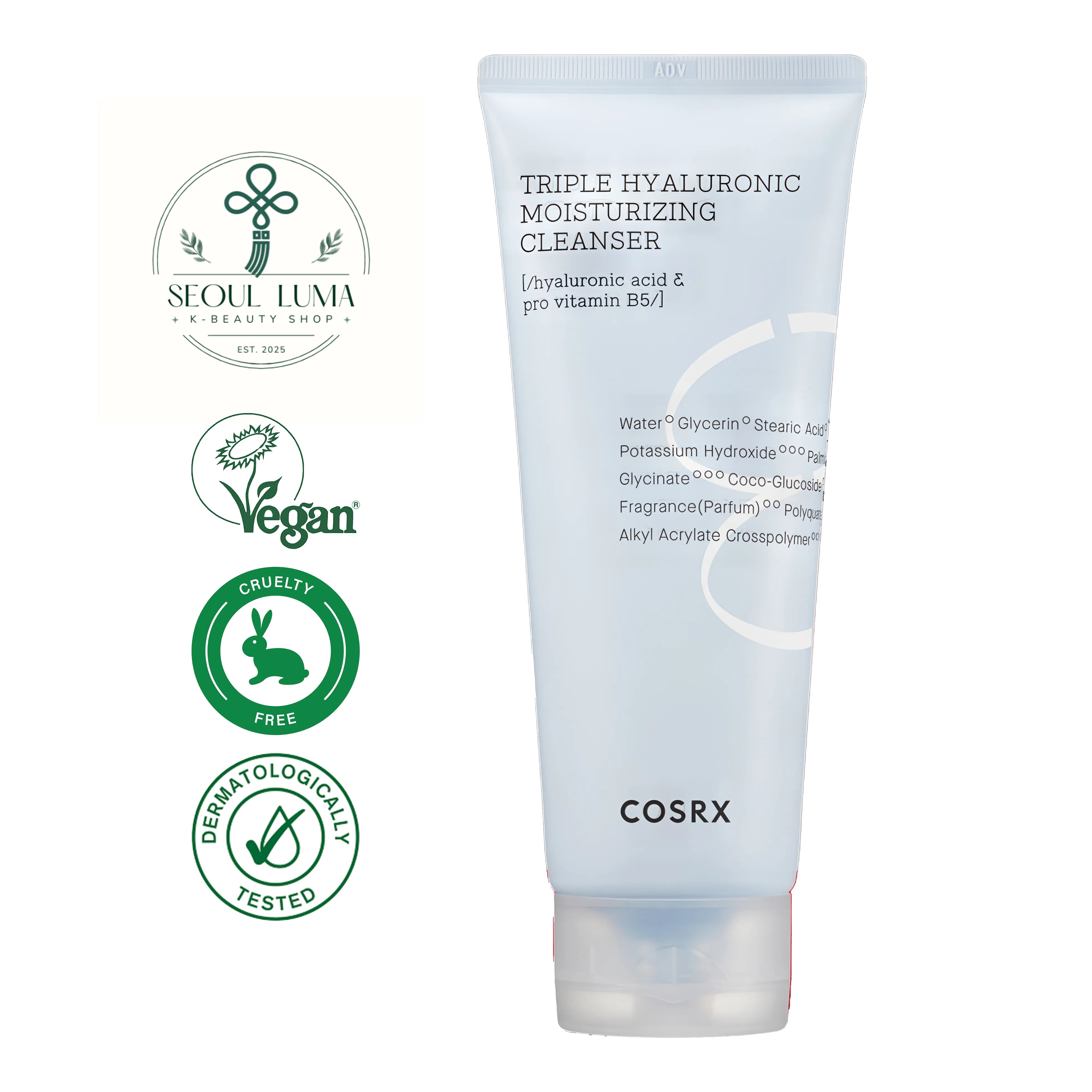 COSRX HYDRIUM Triple Hyaluronic Moisturizing Cleanser 150ml - Hydrating foam cleanser with triple hyaluronic acid and Vitamin B5 for dehydrated skin